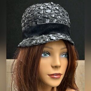 Vintage 50s Black Woven Cello Straw Derby Bucket Hat